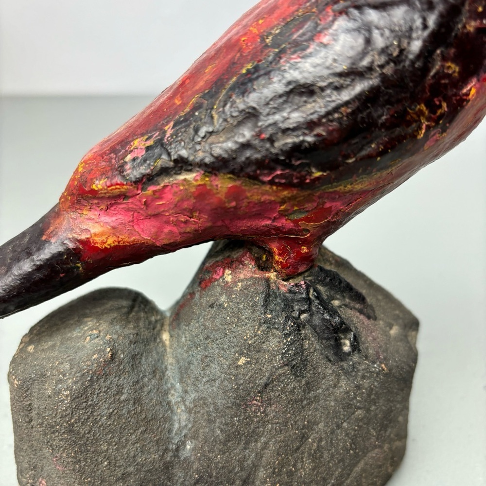 Primitive Folk Art Red Bird Robin Cardinal Stone Clay Statue Sculpture Carving - Picture 8 of 12